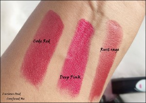 Elle 18 Color Pops Matte Lipstick review swatches, ELLE 18 Color Pops Matte Lipstick Rust Rage Code red Deep Pink swatches review, Elle 18 matte lipstick review, Elle 18 matte lipstick red Pink swatch review, Affordable Pink Red lipstick for Indian skintones, Best lipsticks India, Lipstick for 100 INR 